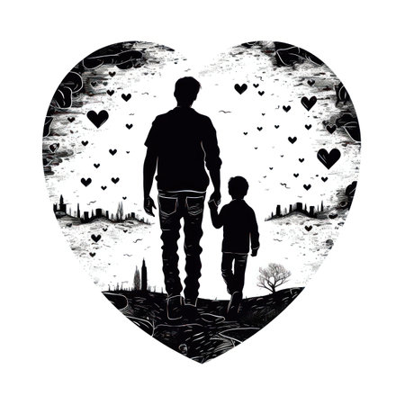 This beautiful illustration captures the timeless bond between a father and his son in a simple yet powerful way. The black and white color scheme creates a classic and timeless feel, while the use of simple shapes and vector graphics adds a modern touch.の写真素材