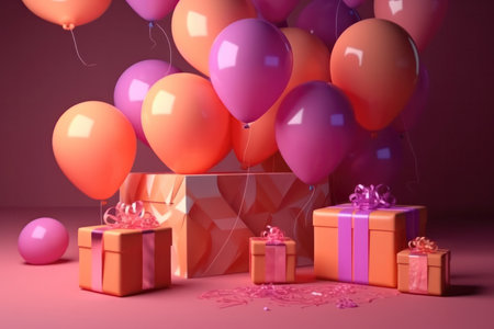 the excitement and joy of celebrating a mom's birthday. Against a warm background of light orange and magenta, colorful balloons and a beautifully wrapped gift box take center stage.の写真素材