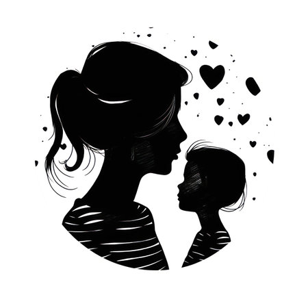 This heartwarming illustration celebrates the special bond between a mother and her child. Against a black and white background, simple shapes and flower motifs come together to create a beautiful and timeless design.の写真素材