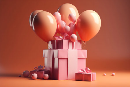 the excitement and joy of celebrating a mom's birthday. Against a warm background of light orange and magenta, colorful balloons and a beautifully wrapped gift box take center stage.の写真素材