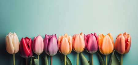 a row of tulips in full bloom, arranged on a pastel background in the style of pop inspo. Each tulip is rendered with exquisite detail, capturing the unique colors and textures of the petals, from soft pinks and purples to bold yellows and oranges.の写真素材