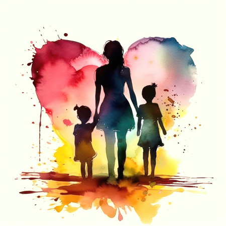 stunning art piece captures the beautiful bond between a mother and her daughter. Rendered in soft, delicate watercolors, the piece features silhouettes of a mom and daughter embracing each other in the shape of a heart.の写真素材