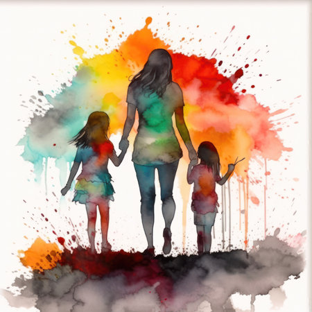 stunning art piece captures the beautiful bond between a mother and her daughter. Rendered in soft, delicate watercolors, the piece features silhouettes of a mom and daughter embracing each other in the shape of a heart.の写真素材