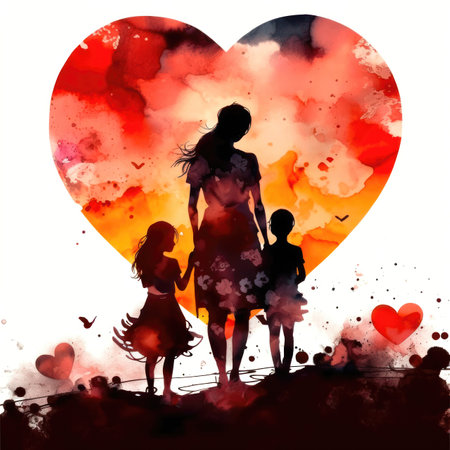 stunning art piece captures the beautiful bond between a mother and her daughter. Rendered in soft, delicate watercolors, the piece features silhouettes of a mom and daughter embracing each other in the shape of a heart.の写真素材