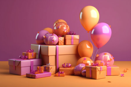 the excitement and joy of celebrating a mom's birthday. Against a warm background of light orange and magenta, colorful balloons and a beautifully wrapped gift box take center stage.の写真素材