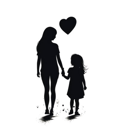 This heartwarming illustration celebrates the special bond between a mother and her child. Against a black and white background, simple shapes and flower motifs come together to create a beautiful and timeless design.の写真素材