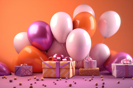 the excitement and joy of celebrating a mom's birthday. Against a warm background of light orange and magenta, colorful balloons and a beautifully wrapped gift box take center stage.の写真素材