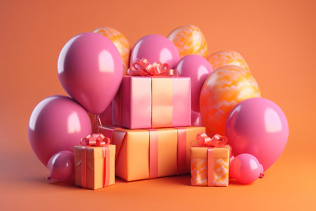 the excitement and joy of celebrating a mom's birthday. Against a warm background of light orange and magenta, colorful balloons and a beautifully wrapped gift box take center stage.の写真素材