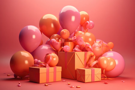 the excitement and joy of celebrating a mom's birthday. Against a warm background of light orange and magenta, colorful balloons and a beautifully wrapped gift box take center stage.の写真素材