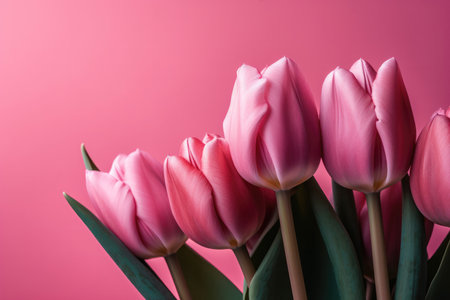 a row of tulips in full bloom, arranged on a pastel background in the style of pop inspo. Each tulip is rendered with exquisite detail, capturing the unique colors and textures of the petals, from soft pinks and purples to bold yellows and oranges.の写真素材
