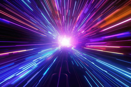 Hyperjump is a visual spectacle that takes viewers on a high-speed journey through a multicolored neon space tunnel. The experience begins with a sense of weightlessness as viewers zoom into the darkness of space. As they accelerate, the tunnel's walls begin to glow with bright, vivid colors, and neon rays of blue, pink, and green stretch out ahead of them.の写真素材