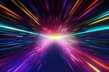 Hyperjump is a visual spectacle that takes viewers on a high-speed journey through a multicolored neon space tunnel. The experience begins with a sense of weightlessness as viewers zoom into the darkness of space. As they accelerate, the tunnel's walls begin to glow with bright, vivid colors, and neon rays of blue, pink, and green stretch out ahead of them.の写真素材