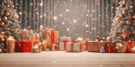 This Christmas background features a rich, warm color palette of deep reds, forest greens, and shimmering gold accents. The focal point is a beautifully decorated Christmas tree, adorned with twinkling lights, sparkling ornaments, and a star on top. The tree is set against a snowy landscape with snowflakes falling gently in the background, creating a cozy winter atmosphere.の写真素材