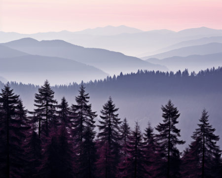 mountains and pine trees in the fog at sunset