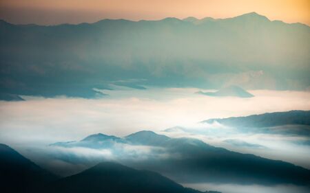 Morning fresh air on a high mountain peak with a new morning sunrise