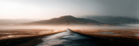 A winding road stretches through a foggy landscape, with a serene atmosphere and distant mountains glowing softly under early morning light.