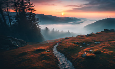 Foggy morning in the mountains. High quality illustration