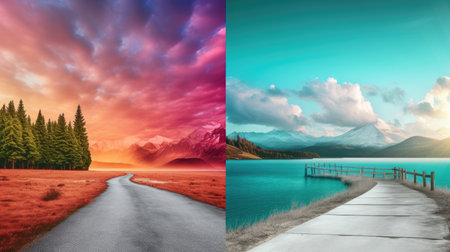 Vivid travel scene with scenic landscapes, vibrant skies, and an inviting copy space.