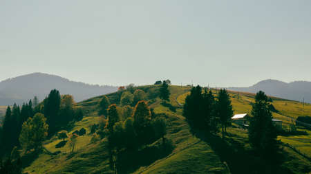 Landscape of green hills in the morning light. High quality photo