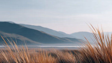 A serene landscape featuring dry grass in foreground, with soft hills and mountains in background. scene captures tranquil atmosphere, evoking sense of calm and natural beauty