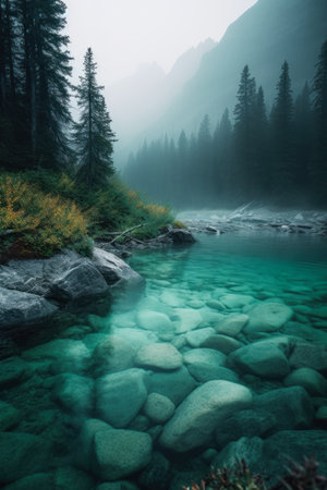 Mountain river with clear water and stones in a foggy day, generative ai