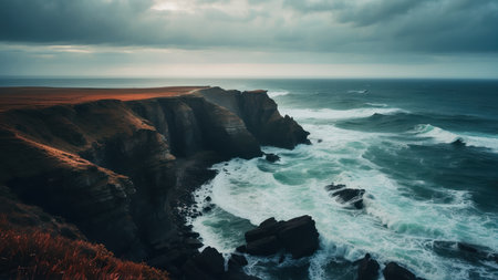 Dramatic seascape with stormy ocean and cliffs at sunset
