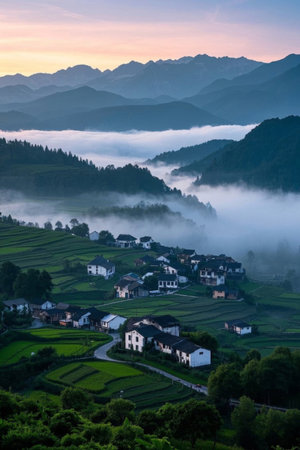 Morning view of the mountain village shrouded in mist