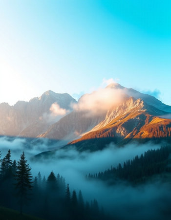 Majestic mountain landscape in the morning mist. Dramatic scene.