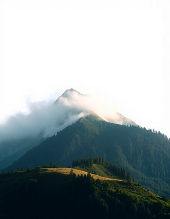 Beautiful view of the mountains covered with fog on a sunny day
