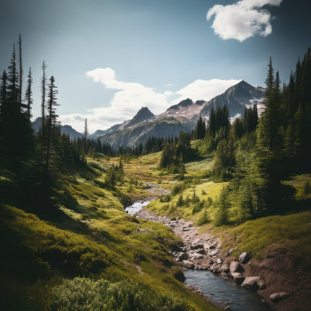 Landscape of national park with stream and mountains, created using generative ai technology. National park, scenery and beauty in nature concept digitally generated image.