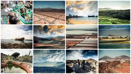 collage of picturesque views and sights of Lanzarote in Canary islands, Spain