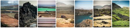 collage of mountain roads, views and sights of Lanzarote, Canary islands, Spain