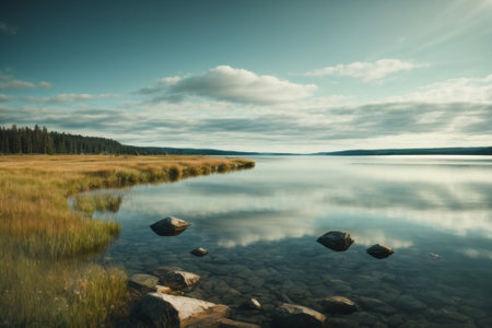 Landscape with lake and mountains in the background. Long exposure.