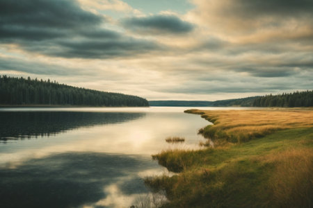 Beautiful landscape with lake and forest in the background. Toned.