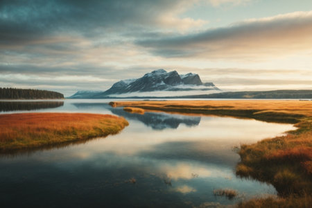 Beautiful autumn landscape of Vestrahorn mountain and lake in Iceland