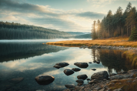 Mountain lake in the autumn forest. Beautiful landscape. Long exposure.