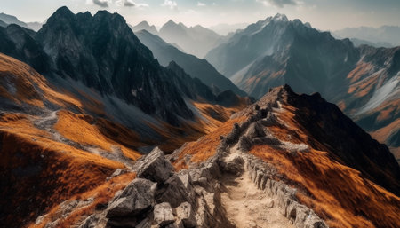 Adventure seekers hike high up to majestic mountain peak summit generated by artificial intelligence