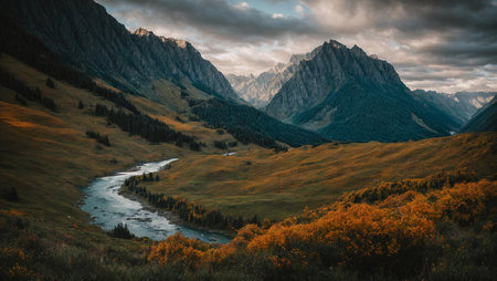 Mountain river in the valley at sunset. Altai, Russia
