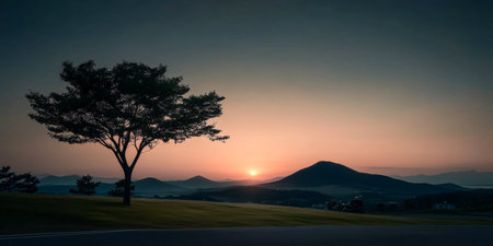 A vibrant sunset casts warm hues over the horizon, with a solitary tree silhouetted in the foreground and gentle mountains receding into the distance, creating a peaceful atmosphere.