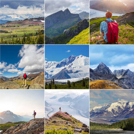 Hiker in the mountains. Adventure and hike collection.