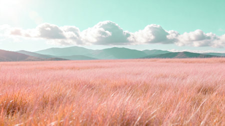 Beautiful landscape of grassland with mountains and blue sky background.