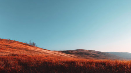 This image showcases a peaceful landscape featuring rolling hills draped in golden grass, under a clear blue sky. The tranquility of nature creates a calming scene, ideal for various projects.
