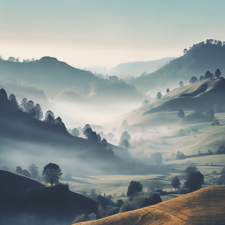 Generative AI : mountain meadow in morning light countryside springtime landscape with valley in fog behind the forest on the grassy hill fluffy clouds on a bright blue sky nature