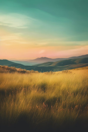 Generative AI : Beautiful summer colorful rustic pastoral landscape panorama Tall flowering grass on green meadow at sunrise or sunset with beautiful announcement against blue sky