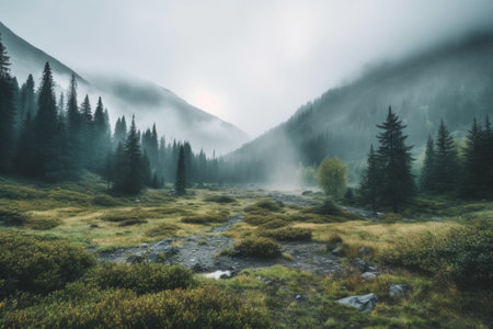Generative AI : Foggy morning summer mountain landscape amazing hipster background with fir trees Vintage toning