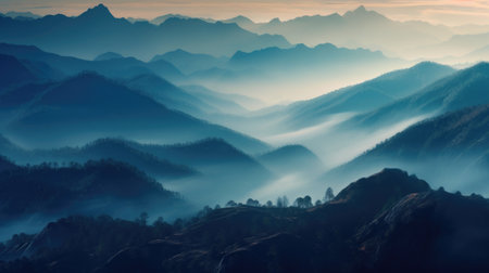 Mountain landscape with fog at sunrise. Panoramic view.