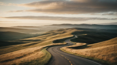 Landscape of rolling hills and winding road at sunset, New Zealand