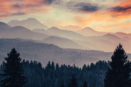 Hills and mountains landscape in clouds and fog at sunset. Tatra Mountains, Poland.