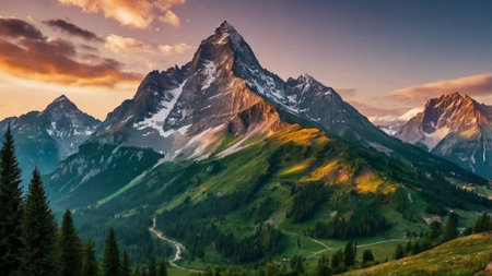 Panoramic view of the Matterhorn peak at sunset, Switzerland