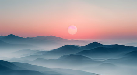 A picturesque view of a sunrise over a mountain range. The sun, a bright orange orb, is just peeking over the horizon, casting a warm glow on the misty landscape. The mountains, bathed in a soft light, appear as gentle, rolling hills.